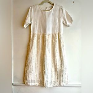 White linen midi dress with feather details